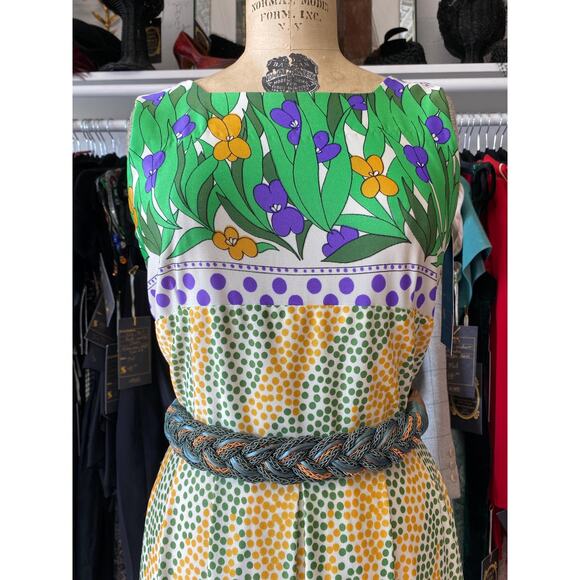 vintage 1970s maxi dress green and yellow mod floral border print polka dot - Picture 9 of 10